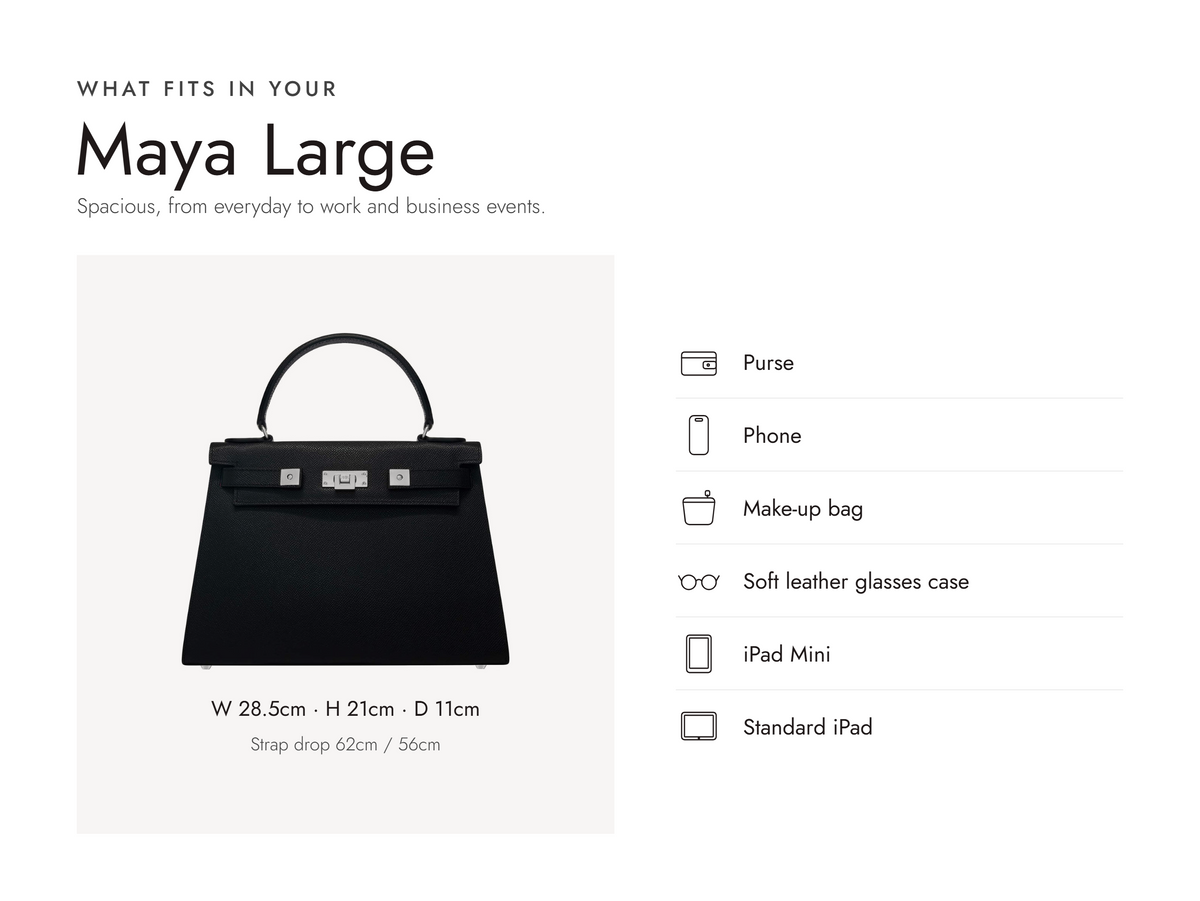 Lalage Beaumont Maya Large handbag in black and silver pebble print leather, what fits and measurements
