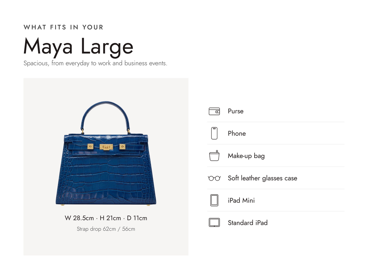 Lalage Beaumont Maya Large handbag in cobalt croc print leather, what fits and measurements