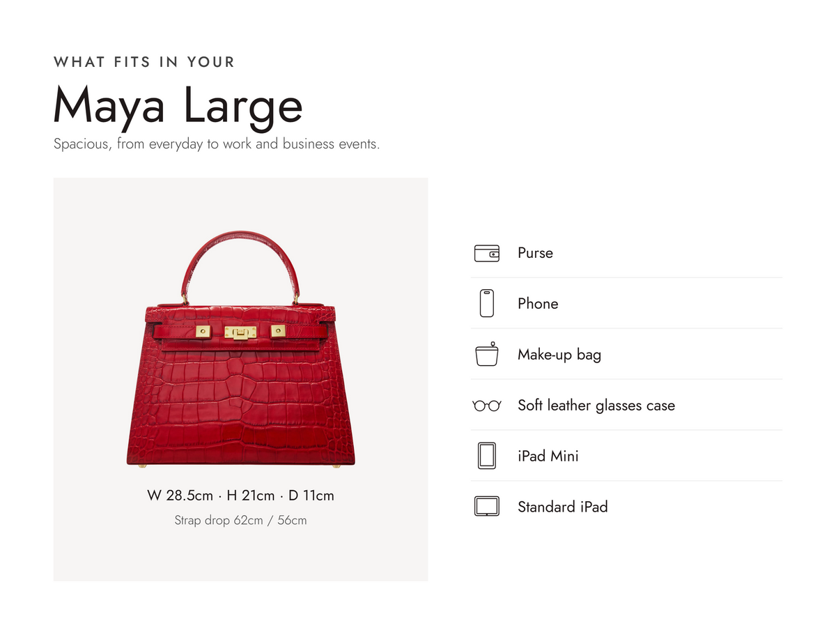 Lalage Beaumont Maya Large handbag in red croc print leather, what fits and measurements