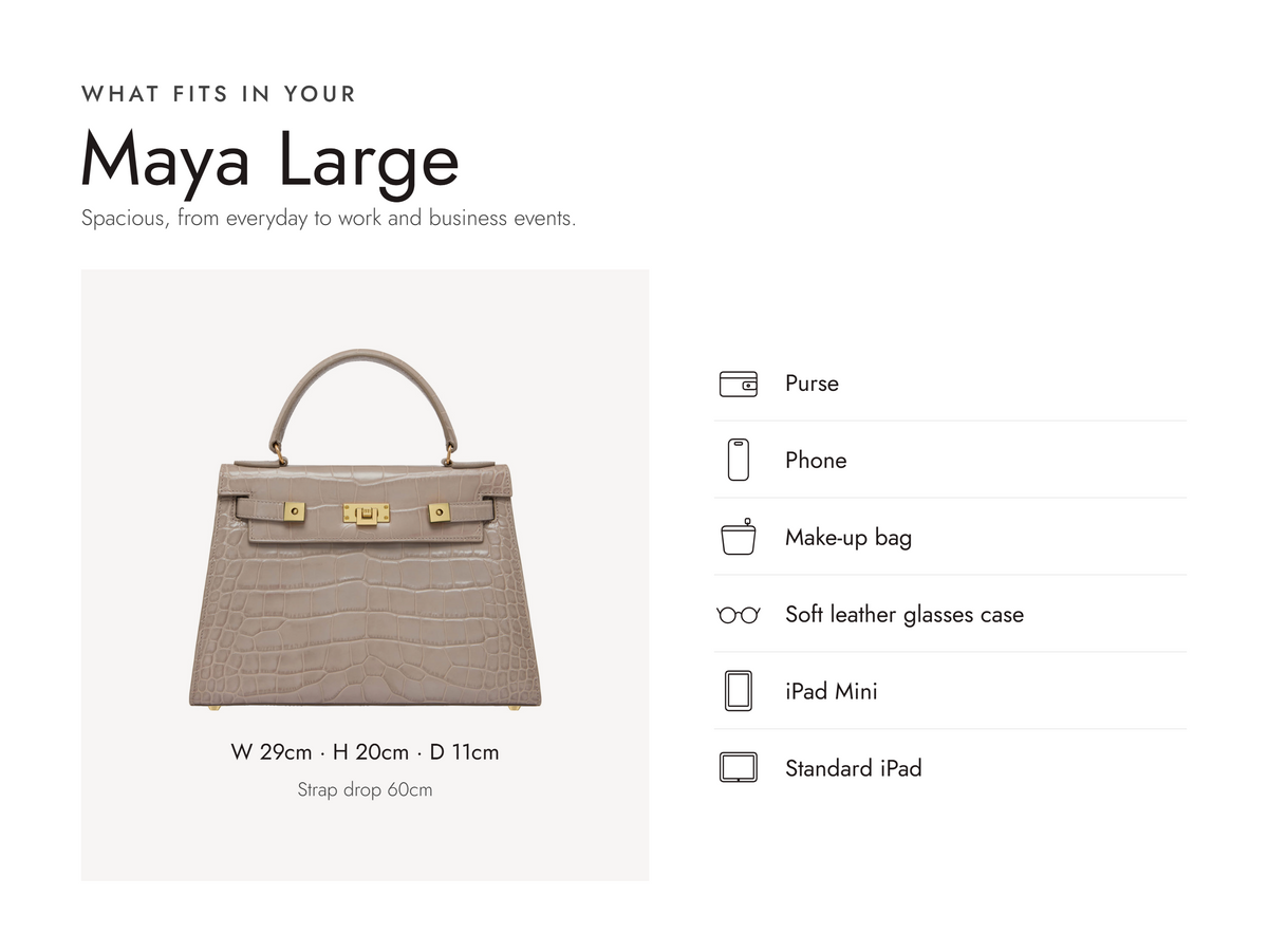 Lalage Beaumont Maya Large handbag in stone croc print leather, what fits and measurements