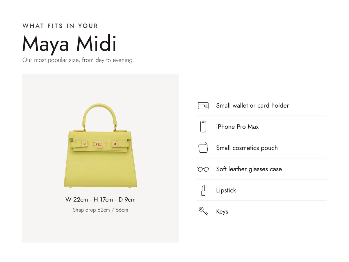 Lalage Beaumont Maya Midi handbag in primrose grained leather, what fits and measurements