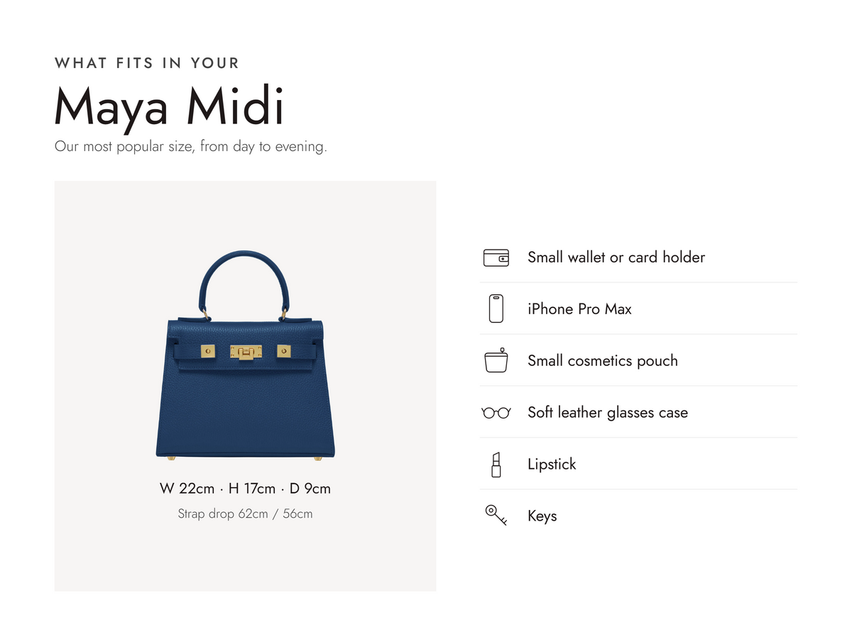 Lalage Beaumont Maya Midi handbag in royal grained leather, what fits and measurements