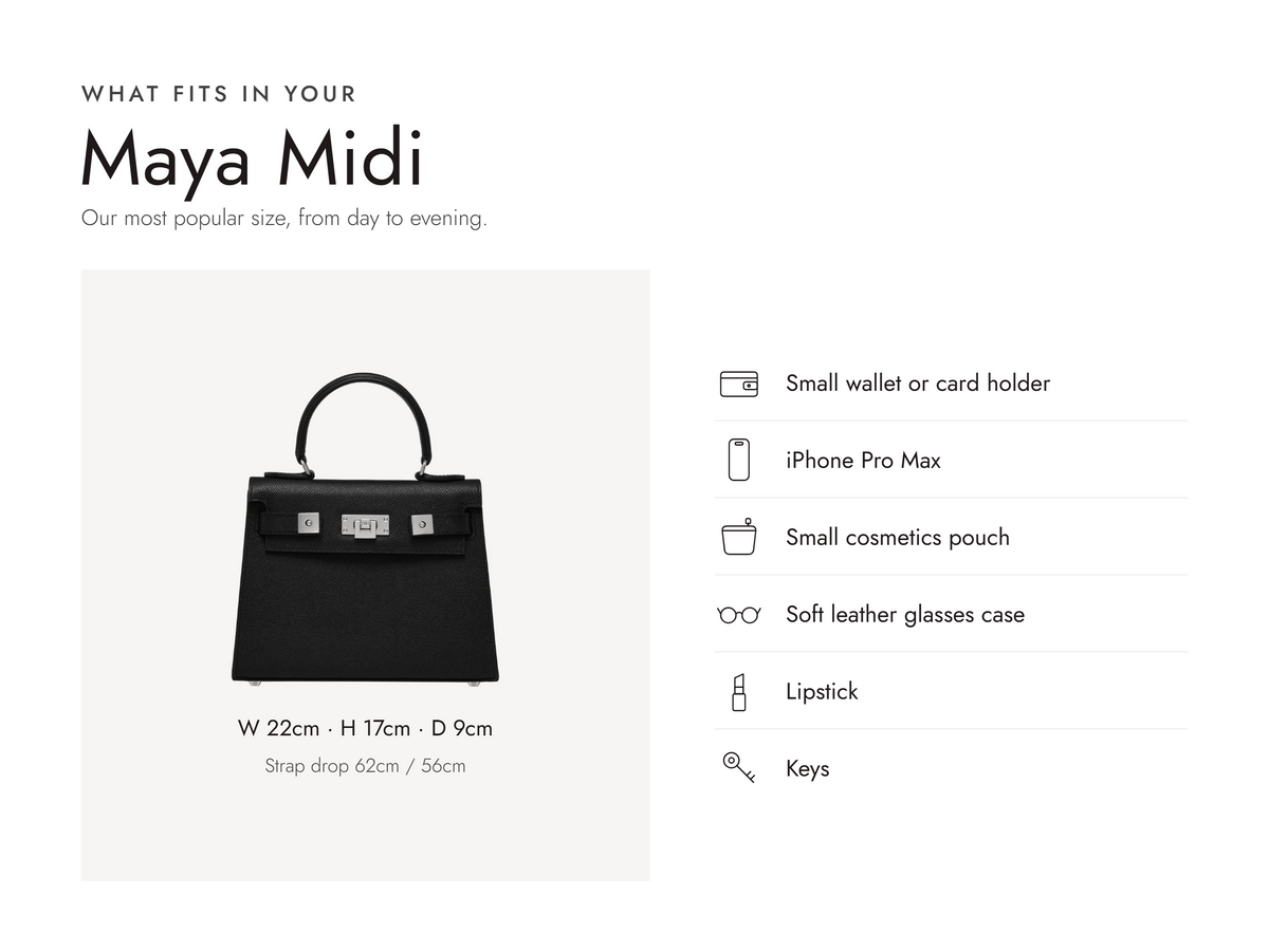 Lalage Beaumont Maya Midi handbag in black and silver pebble print leather, what fits and measurements