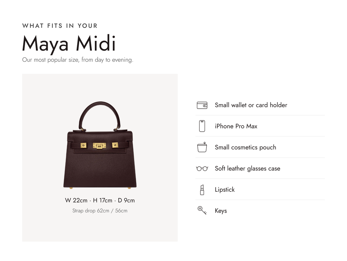 Lalage Beaumont Maya Midi handbag in chocolate brown pebble print leather, what fits and measurements