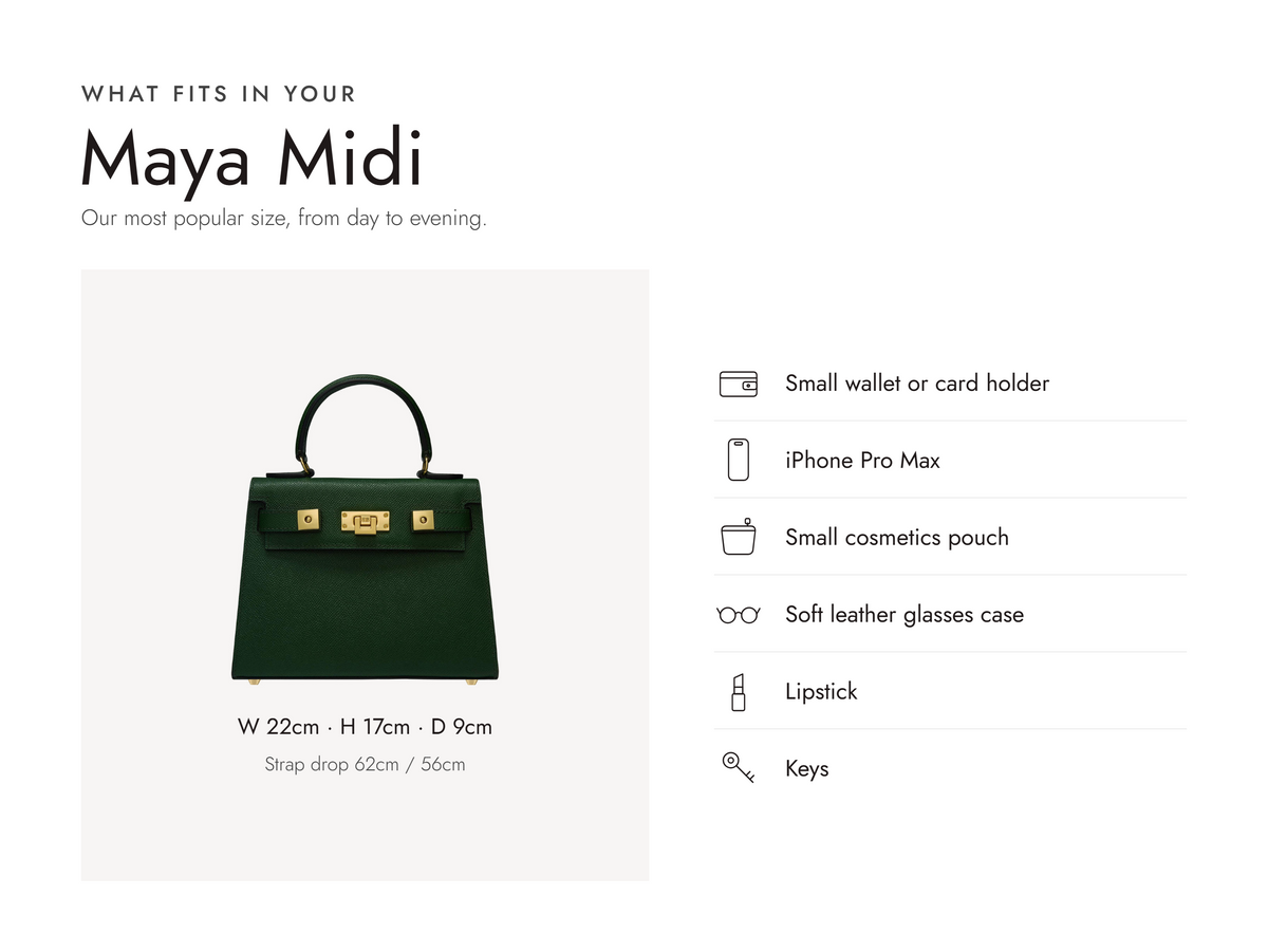 Lalage Beaumont Maya Midi handbag in dark green pebble print leather, what fits and measurements