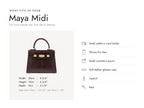 Lalage Beaumont Maya Midi handbag in espresso lizard print leather, what fits and measurements