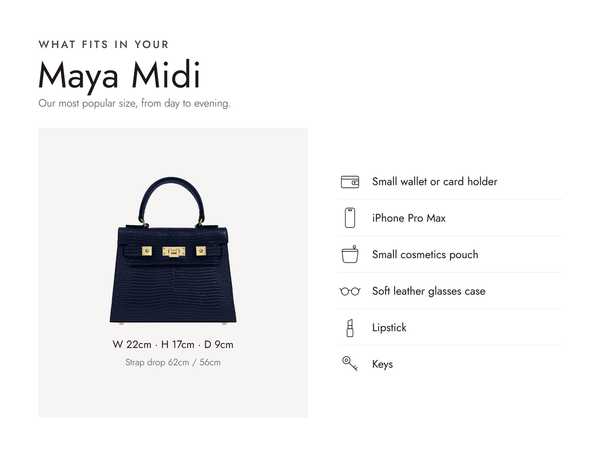 Lalage Beaumont Maya Midi handbag in navy lizard print leather, what fits and measurements