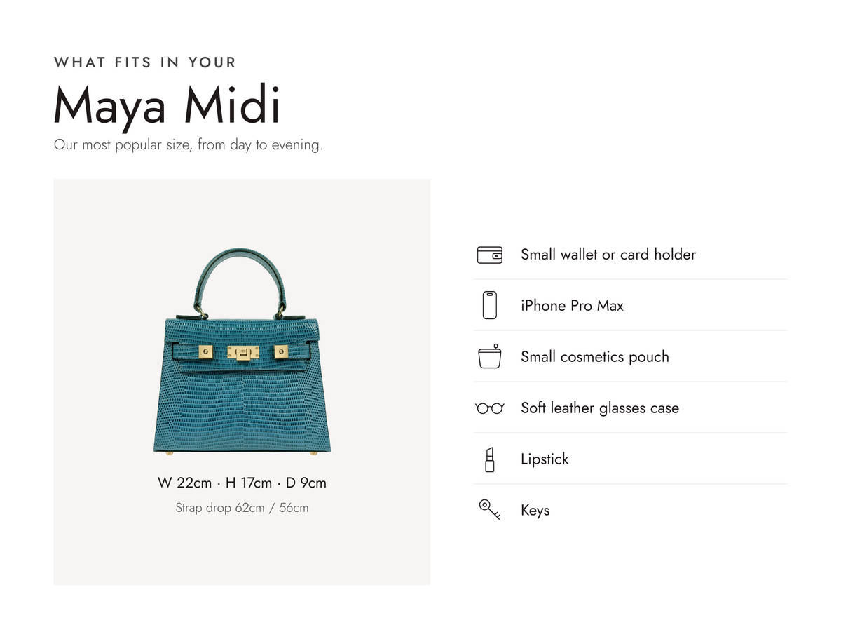 Lalage Beaumont Maya Midi handbag in teal lizard print leather, what fits and measurements