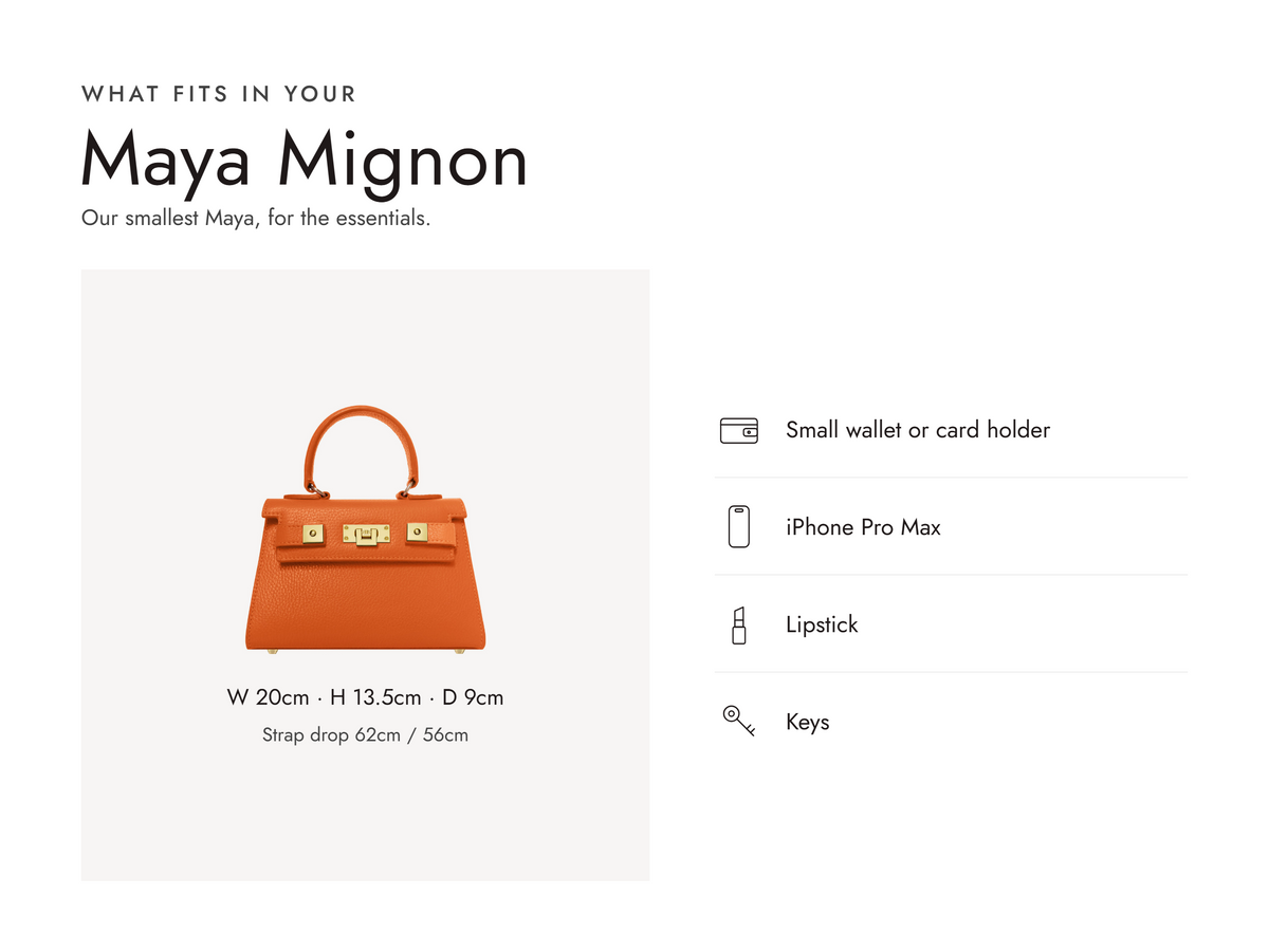 Lalage Beaumont Maya Mignon handbag in orange grained leather, what fits and measurements