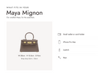 Lalage Beaumont Maya Mignon handbag in taupe grained leather, what fits and measurements