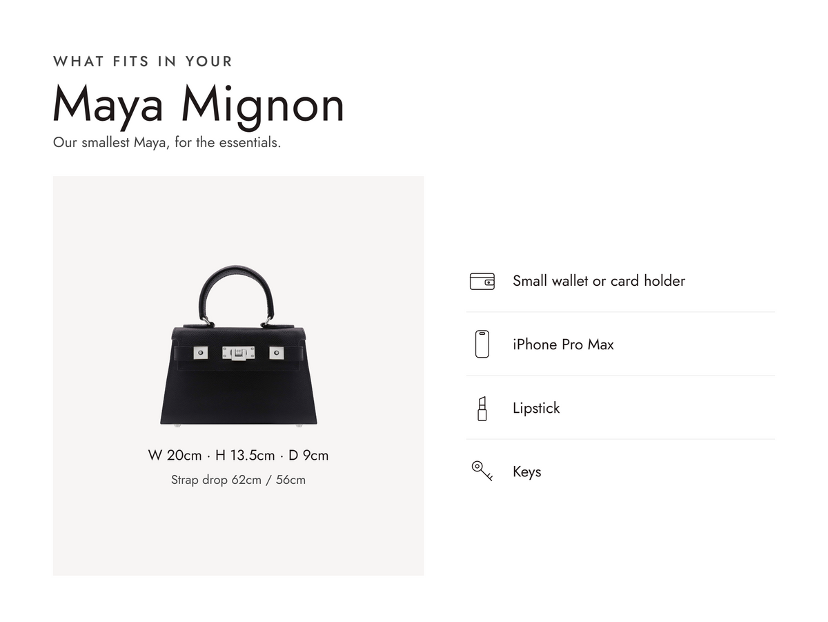 Lalage Beaumont Maya Mignon handbag in black and silver pebble print leather, what fits and measurements