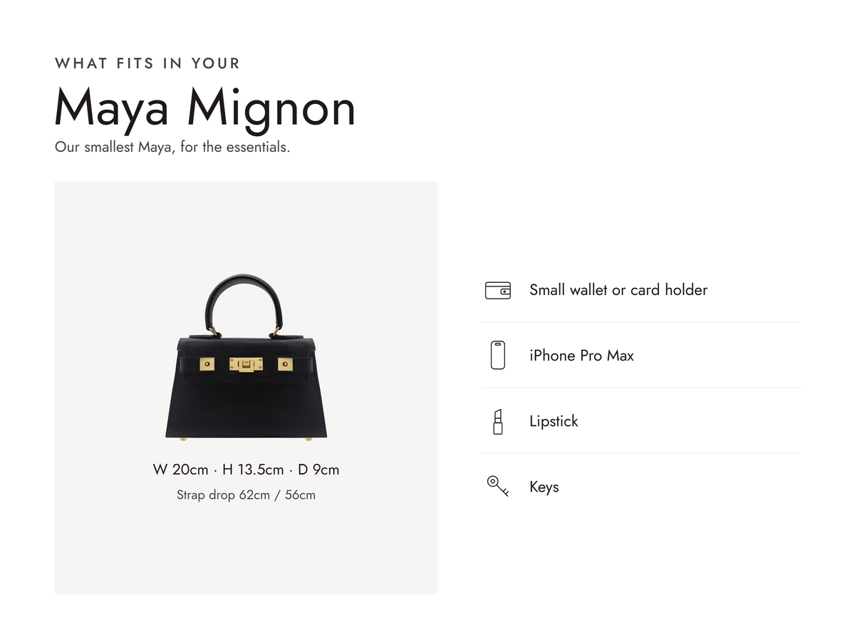 Lalage Beaumont Maya Mignon handbag in black pebble print leather, what fits and measurements