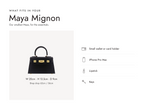 Lalage Beaumont Maya Mignon handbag in black pebble print leather, what fits and measurements
