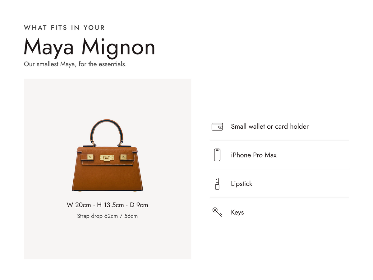 Lalage Beaumont Maya Mignon handbag in tan pebble print leather, what fits and measurements