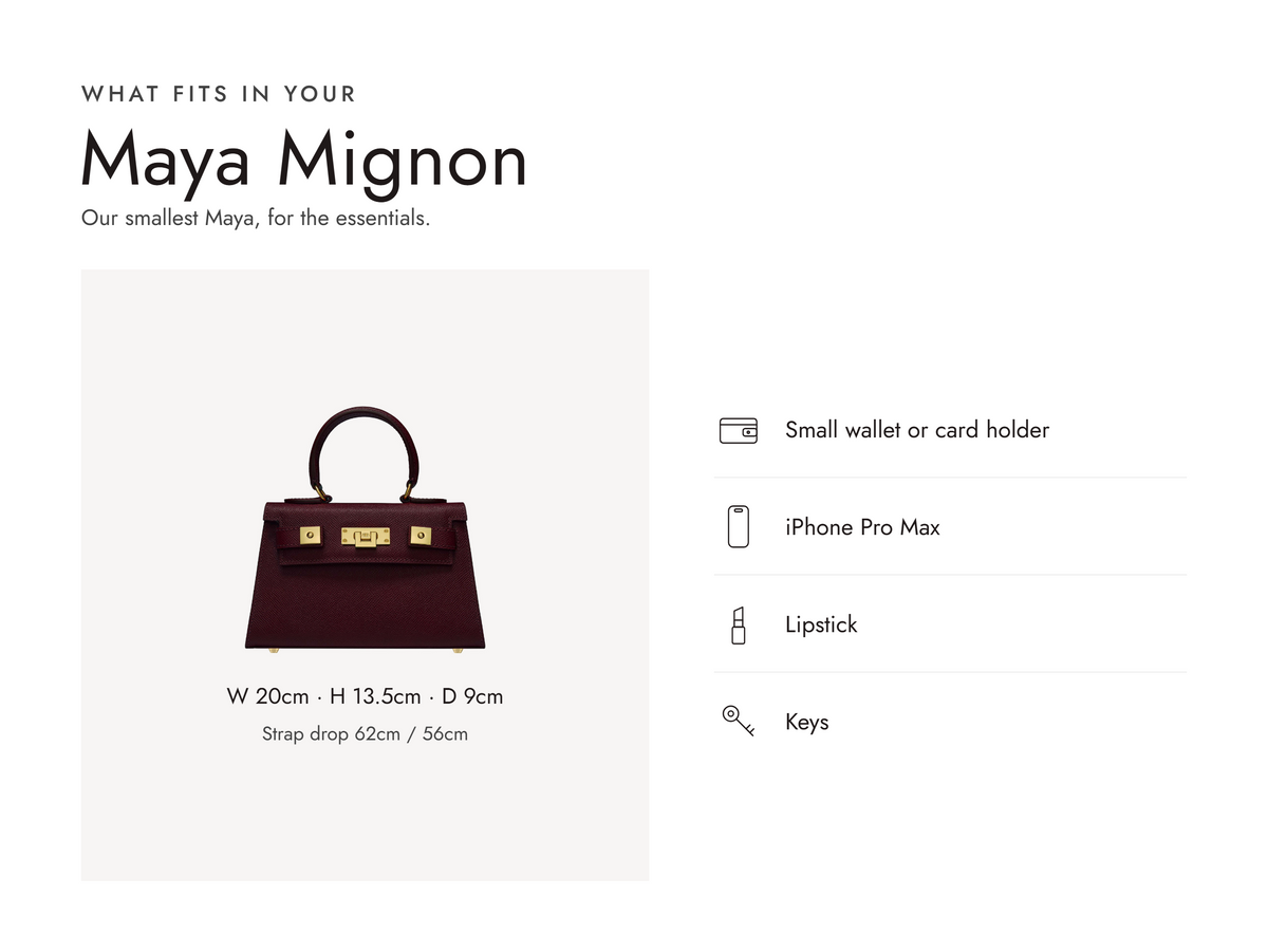 Lalage Beaumont Maya Mignon handbag in wine pebble print leather, what fits and measurements
