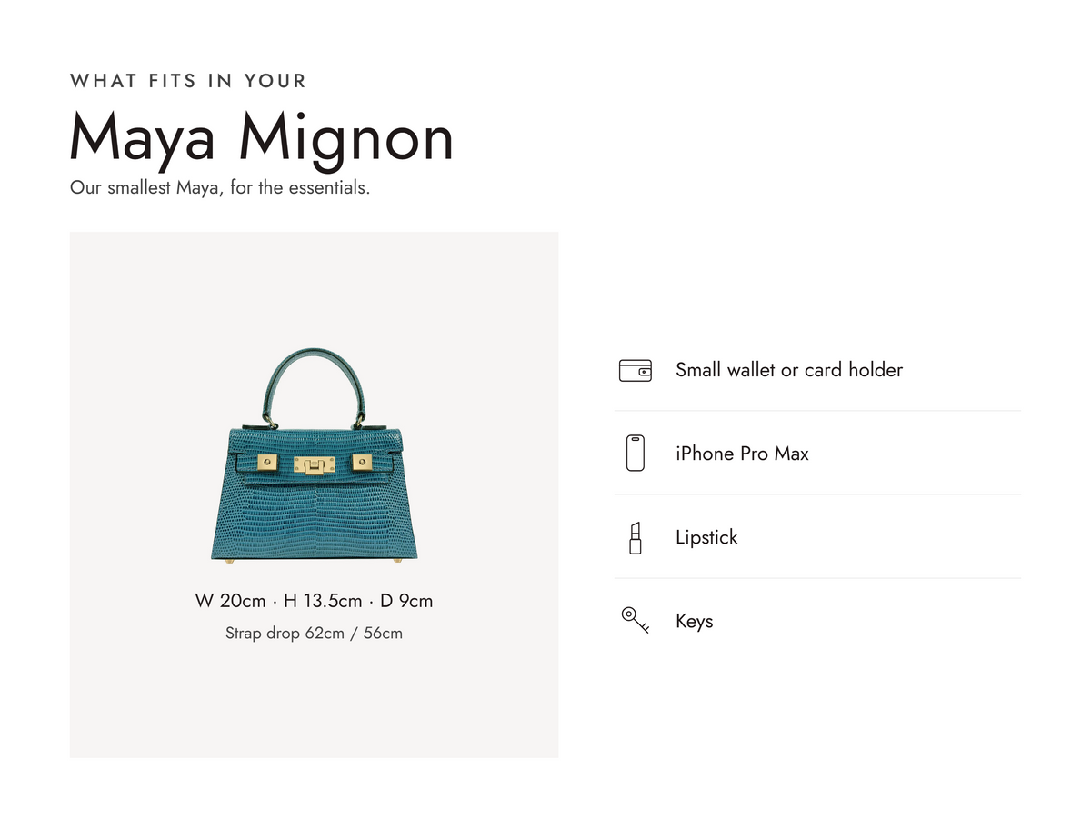Lalage Beaumont Maya Mignon handbag in teal lizard print leather, what fits and measurements