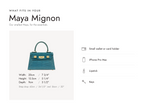 Lalage Beaumont Maya Mignon handbag in teal lizard print leather, what fits and measurements