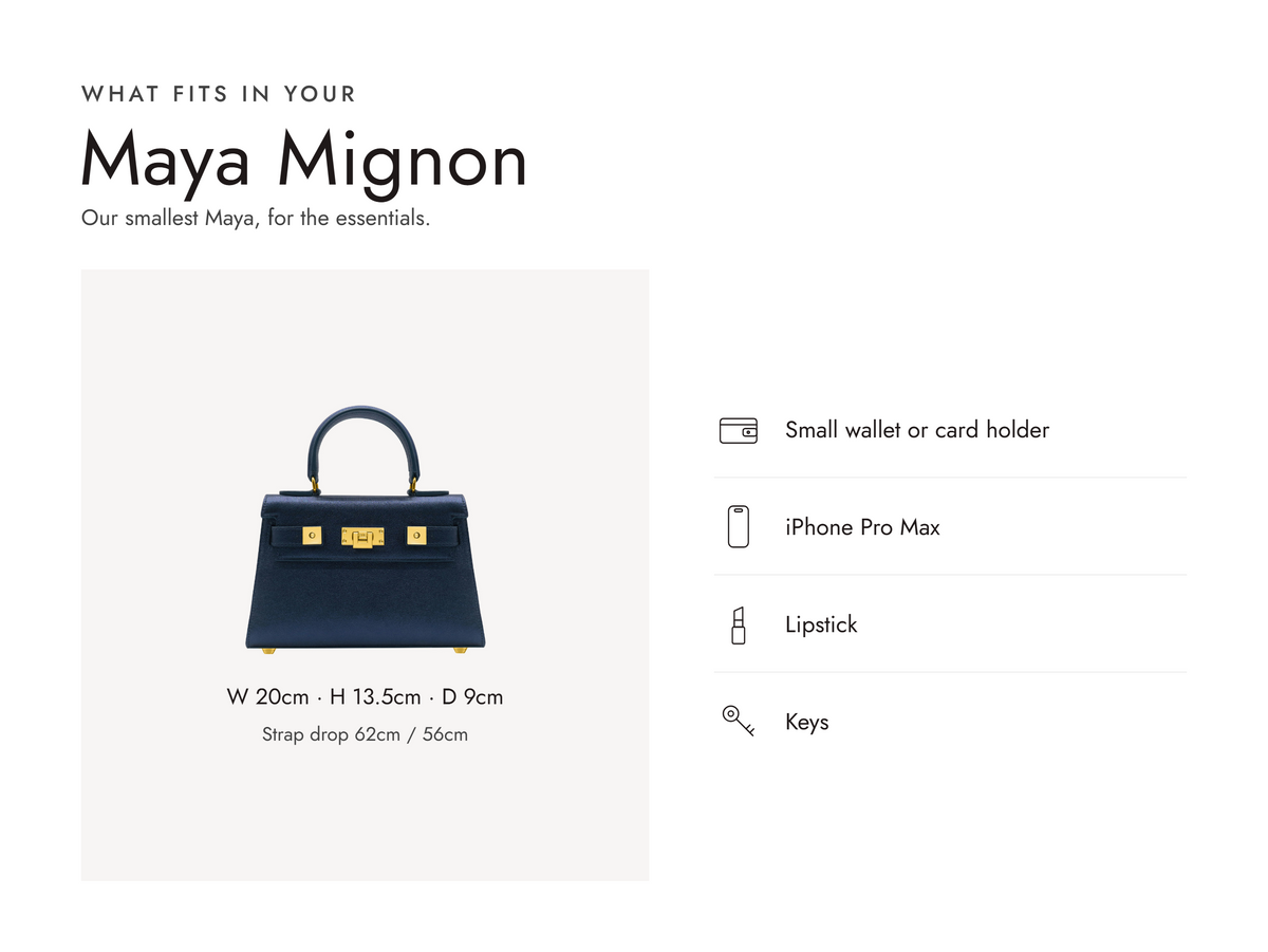 Lalage Beaumont Maya Mignon handbag in midnight sparkle and gold leather, what fits and measurements