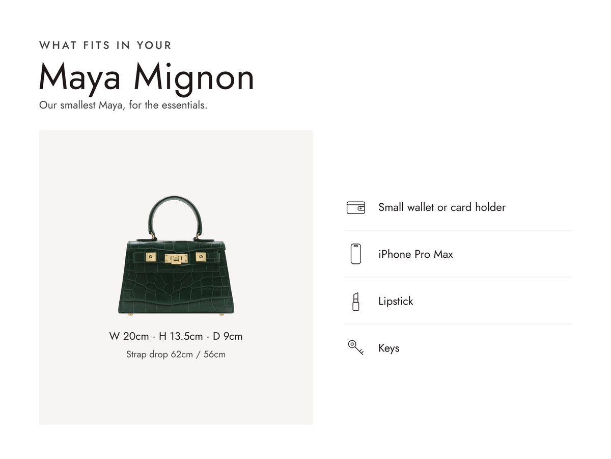 Lalage Beaumont Maya Mignon handbag in dark green croc print leather, what fits and measurements