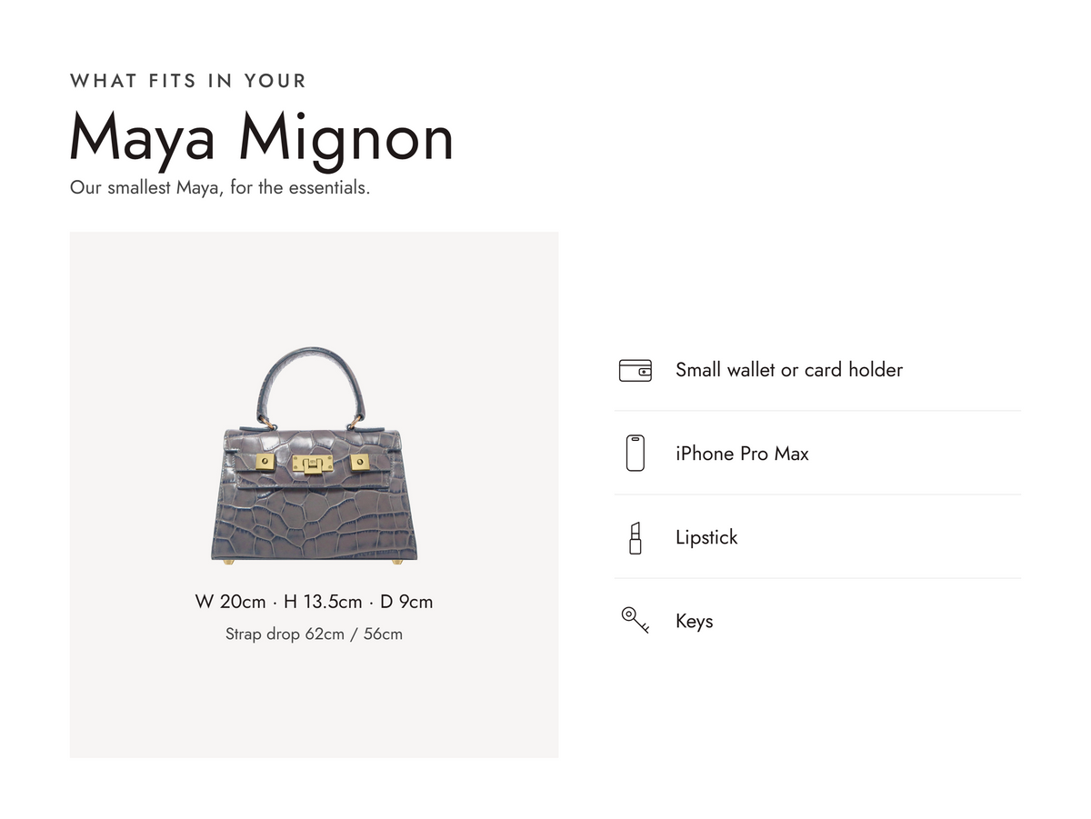Lalage Beaumont Maya Mignon handbag in light grey croc print leather, what fits and measurements