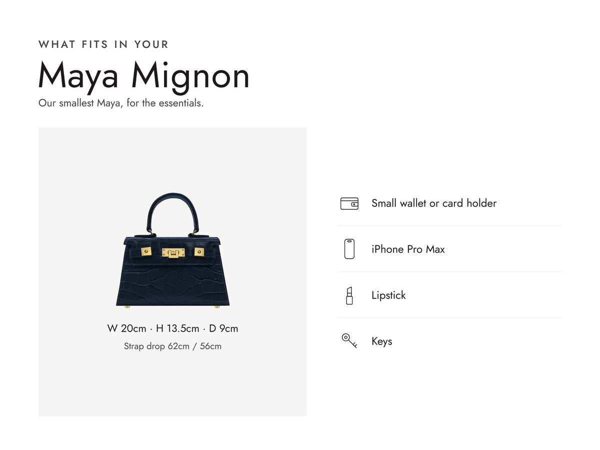 Lalage Beaumont Maya Mignon handbag in navy croc print leather, what fits and measurements