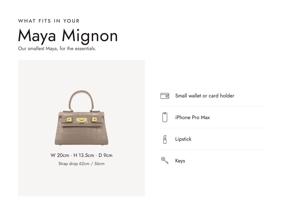 Lalage Beaumont Maya Mignon handbag in stone croc print leather, what fits and measurements