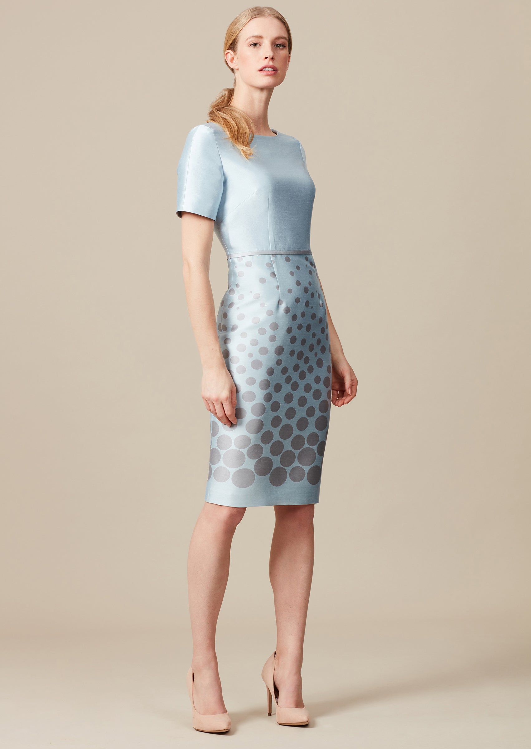 Dress with graduated silver dots on sky blue silk sateen.