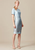 Dress with graduated silver dots on sky blue silk sateen.