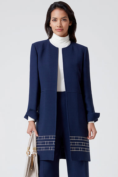 Navy Embroidered Faille Long Jacket - Iona
