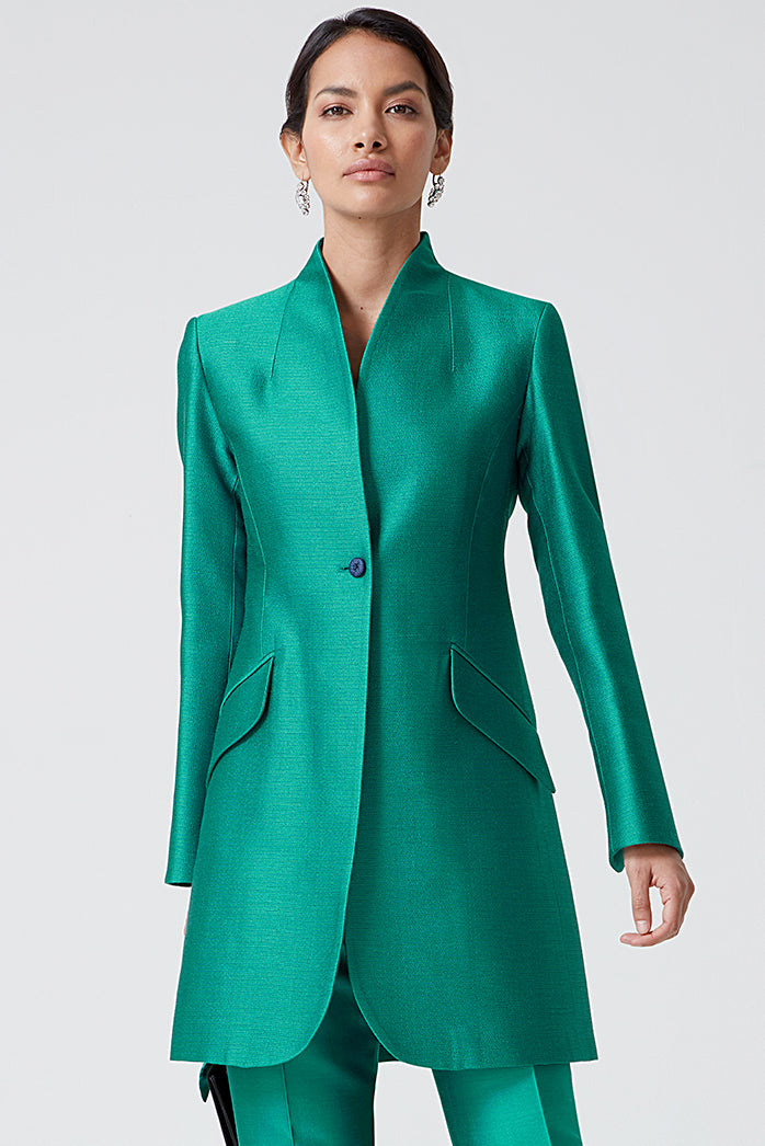 Emerald Plain Brocade Long Jacket - Mia