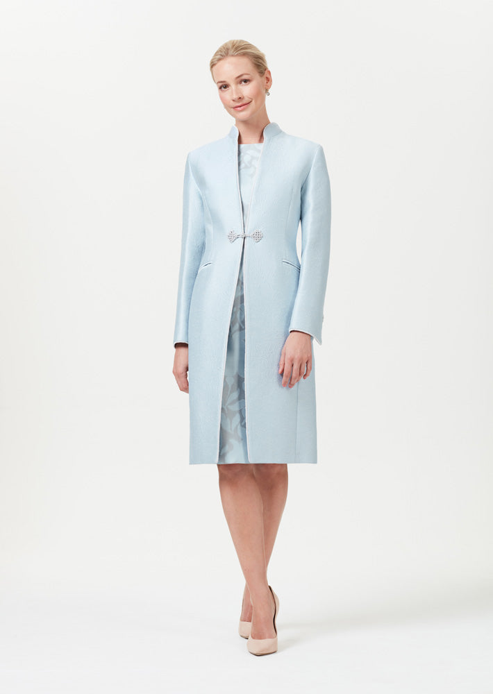 Pale Blue Dress Coat in Silk Brocade with Cord Trim and Frogging - Vicky