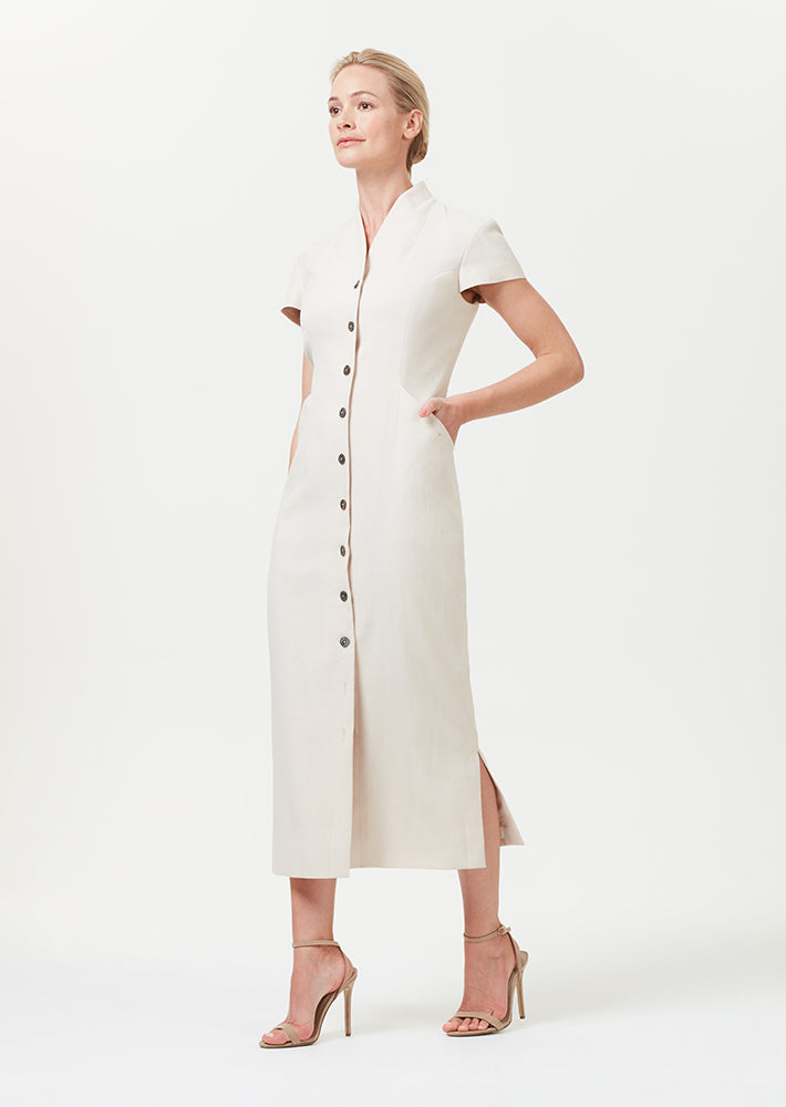 Midi Length Button Through Summer Dress in Biscuit Linen Mix - Nina