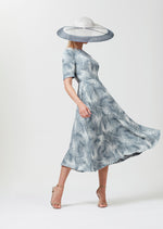 Midi Length Dress with Sleeves in Stone and Slate Italian Printed Silk Cloqué - Lexie