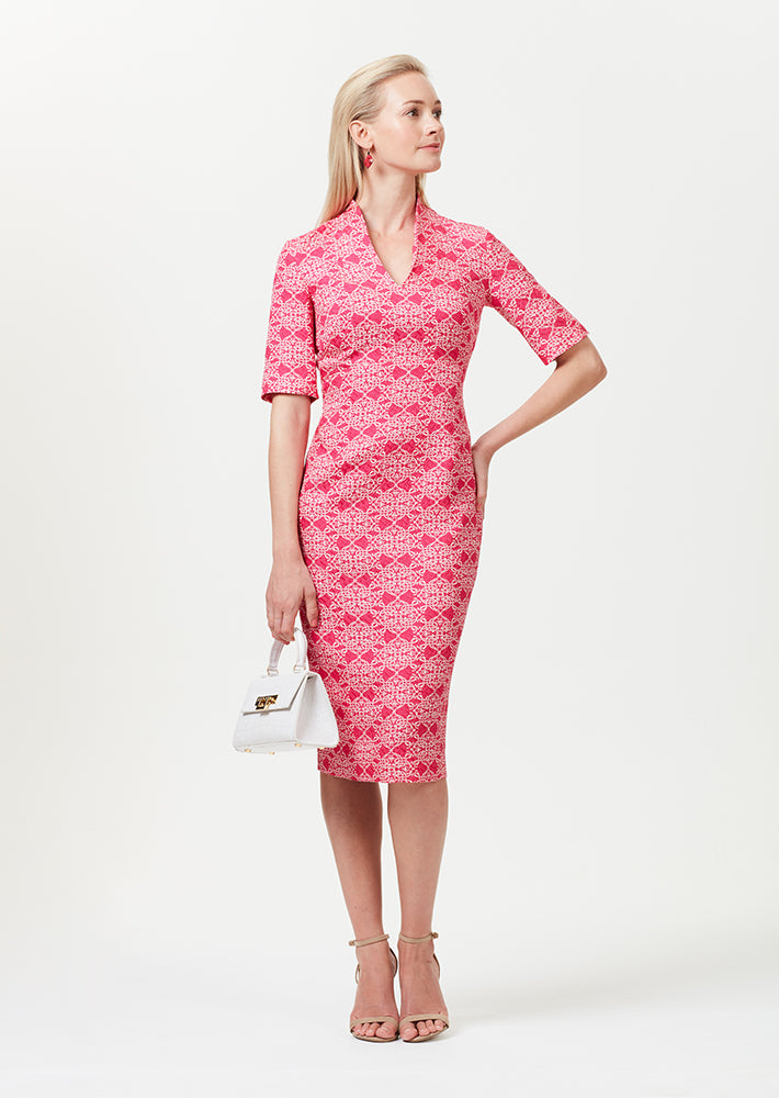 Longer Length Silk/Wool Shift Dress with Sleeves in Fuchsia and Ivory Matelassé - Em