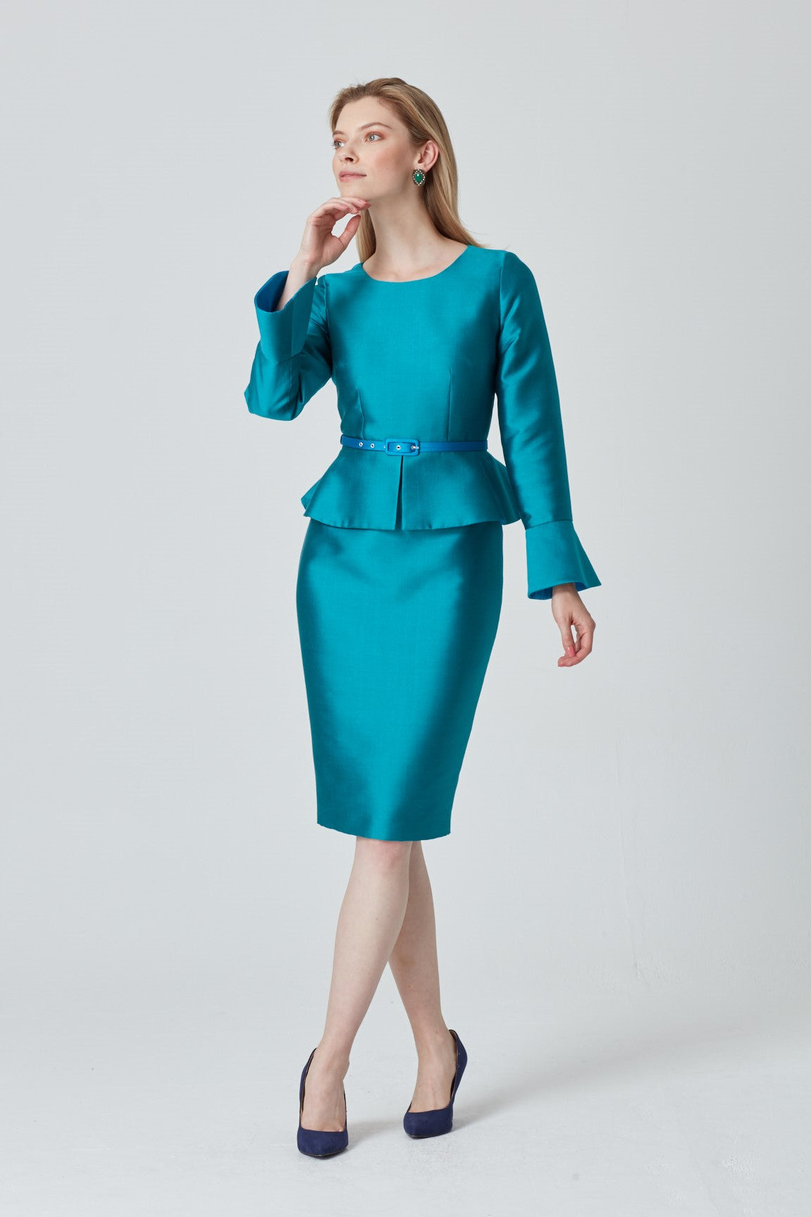 Emerald and Teal Silk Peplum Dress with Fluted Cuffs - Catherine
