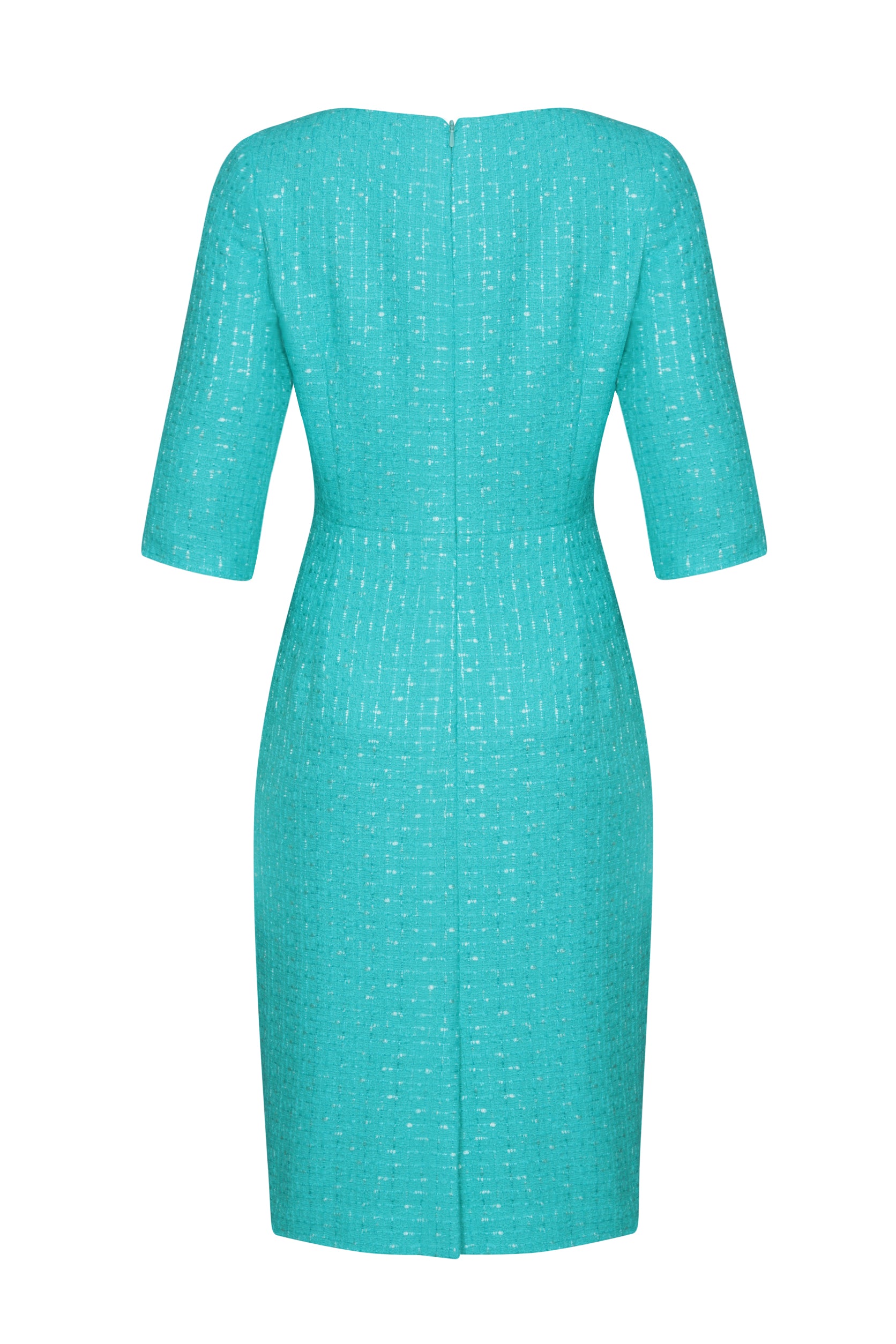 3/4 Sleeve Turquoise Plain Tweed Dress - Angela