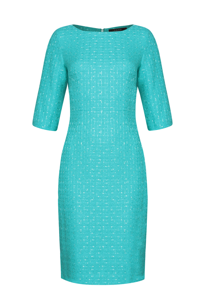 3/4 Sleeve Turquoise Plain Tweed Dress - Angela