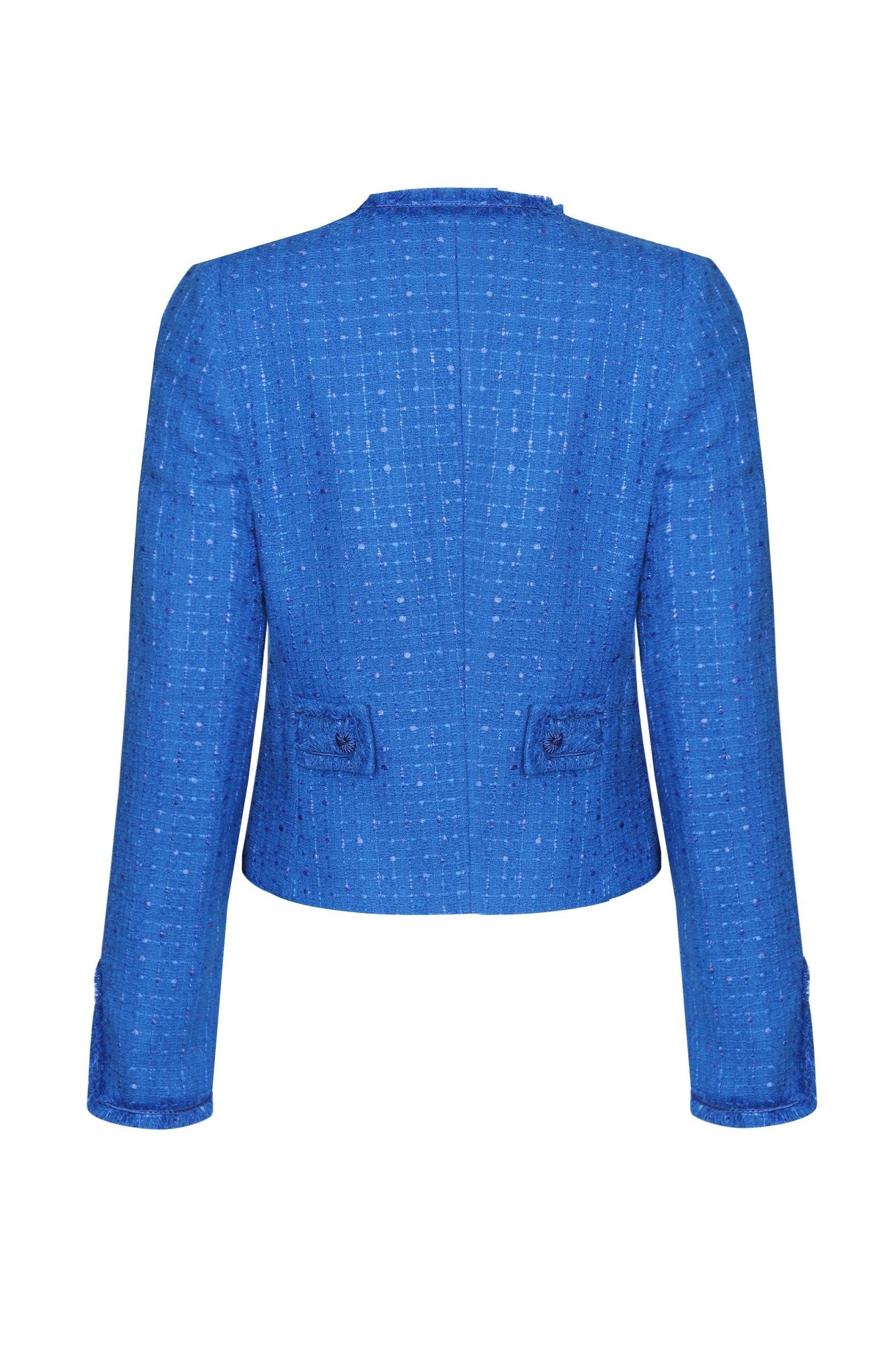 Sapphire Plain Tweed Short Jacket with Fringe Edging - Carrie | Lalage ...