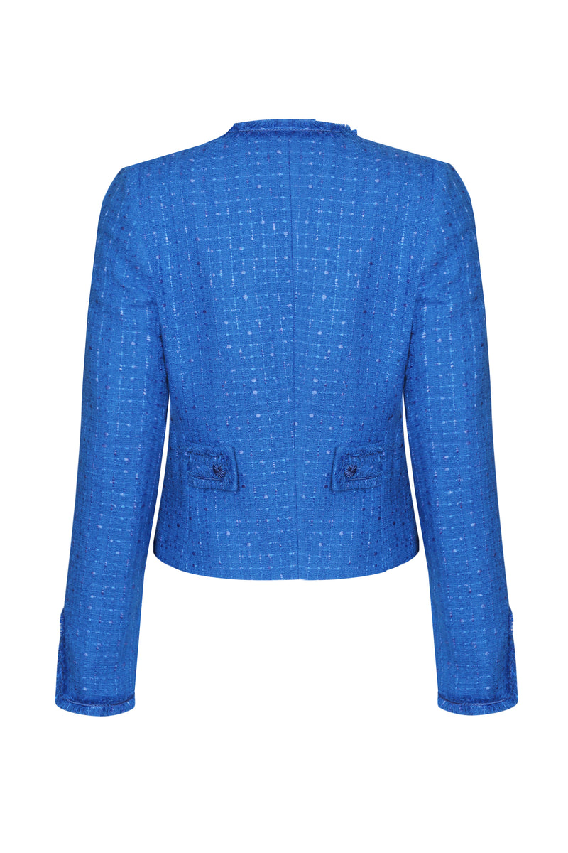 Sapphire Plain Tweed Short Jacket with Fringe Edging - Carrie