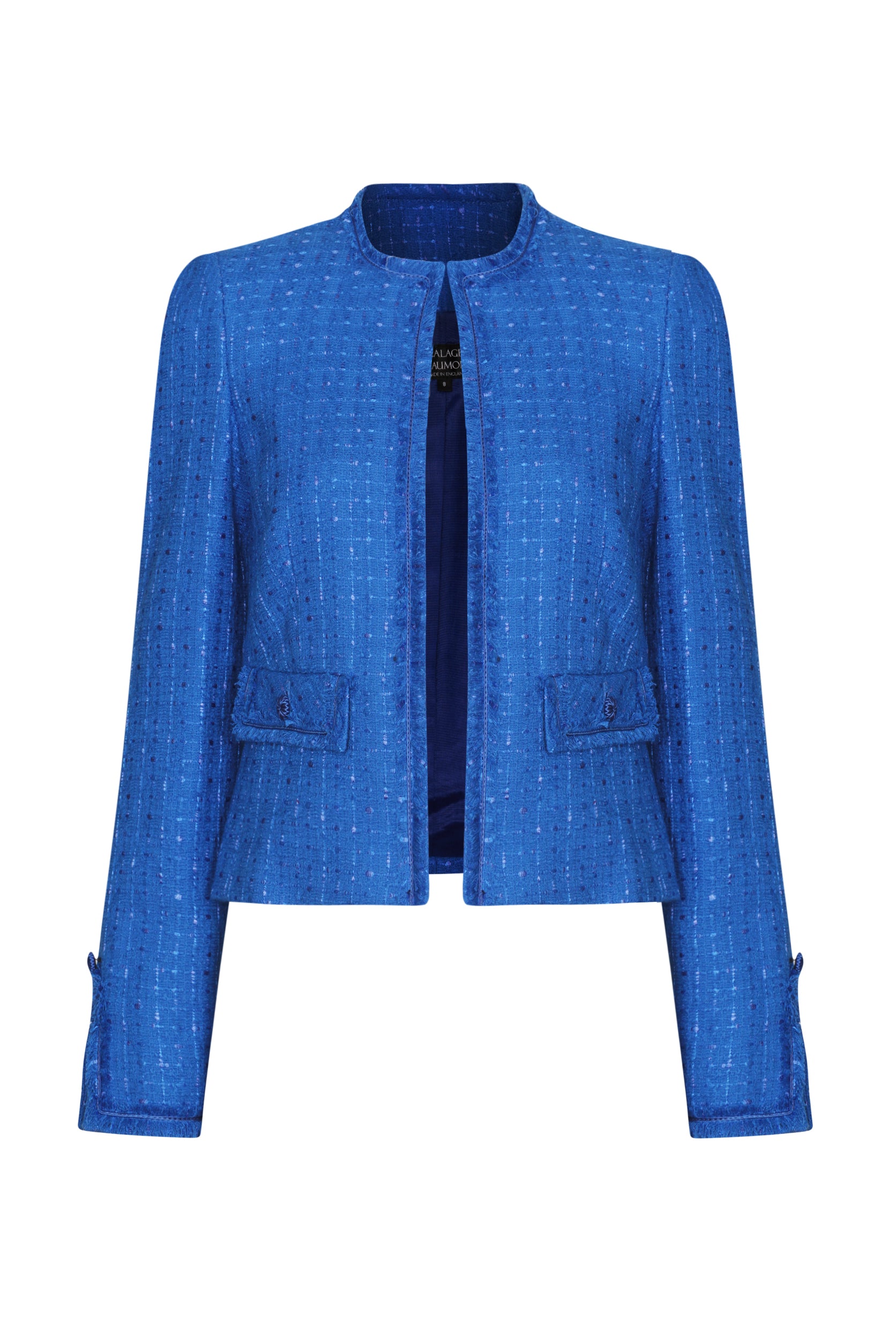 Sapphire Plain Tweed Short Jacket with Fringe Edging - Carrie | Lalage ...