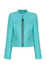 Turquoise Plain Tweed Short Jacket with Fringe Edging - Carrie