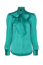 Tie-Neck Silk Satin Blouse in Emerald - Denisa