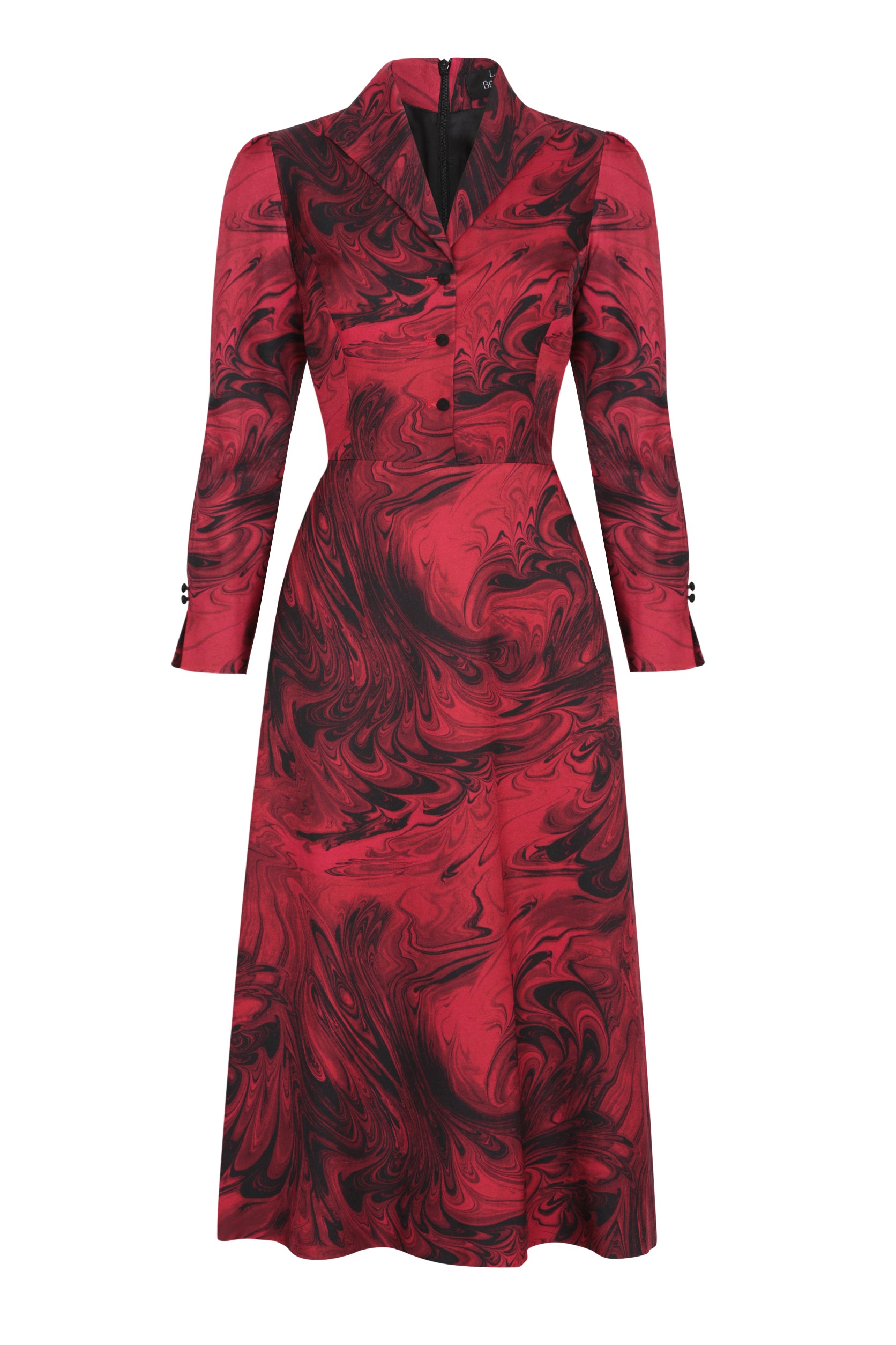 Long-Sleeved Midi Dress in Dark Red and Black Marble Print - Nadia