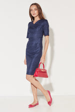 V-Neck Shift Dress with Short Sleeves in Navy Raw Silk Tussar - Amelia