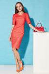 V-Neck Shift Dress with Short Sleeves in Scarlet-Red Raw Silk - Amelia