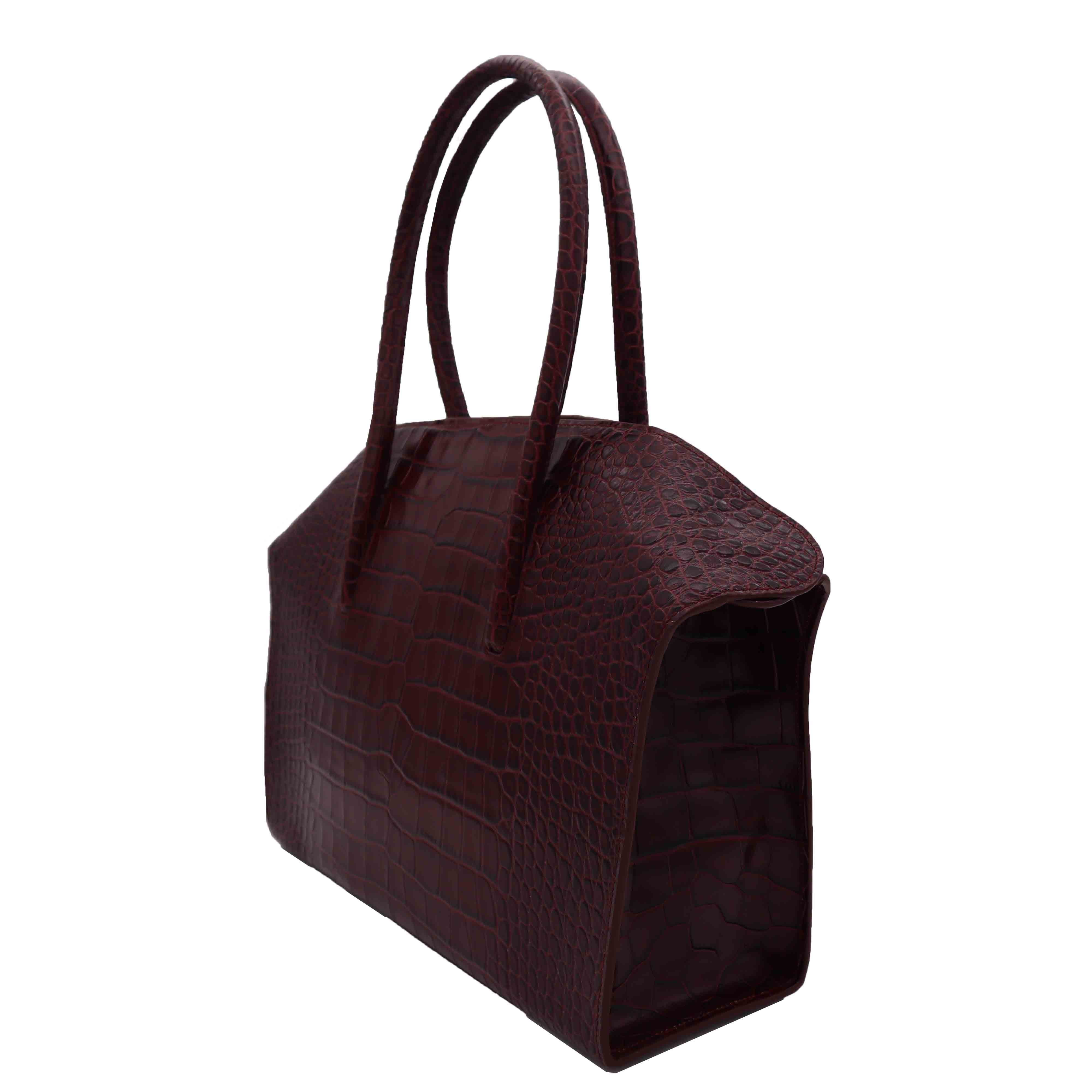 Carmen - Large Tote Handbag in Orinoco &#39;Croc&#39; Print Calf Leather - Wine