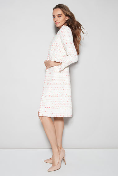 Tweed Dress Coat in Ivory with Scarlet Tufted Stripes - Claire