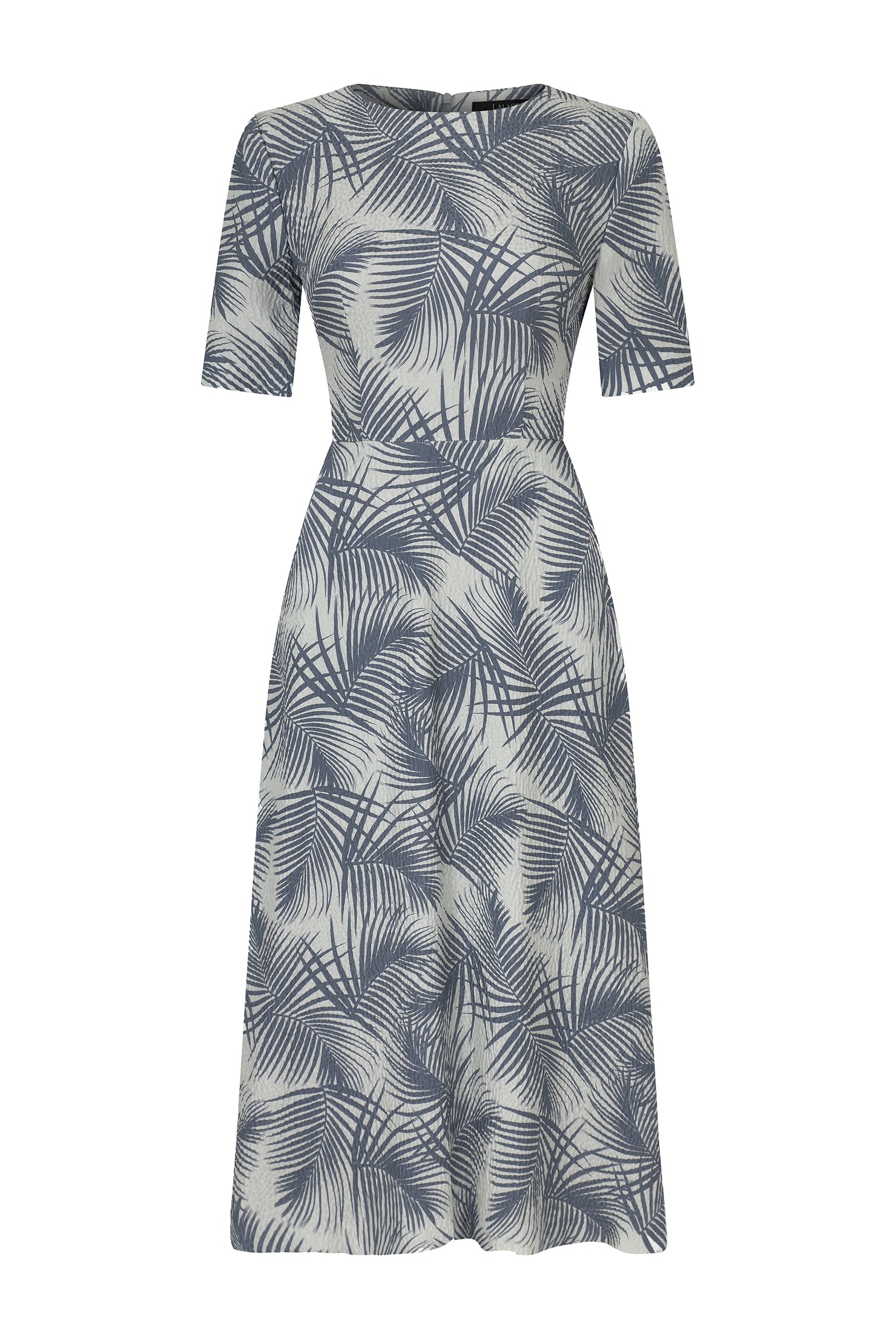Midi Length Dress with Sleeves in Stone and Slate Italian Printed Silk Cloqué - Lexie