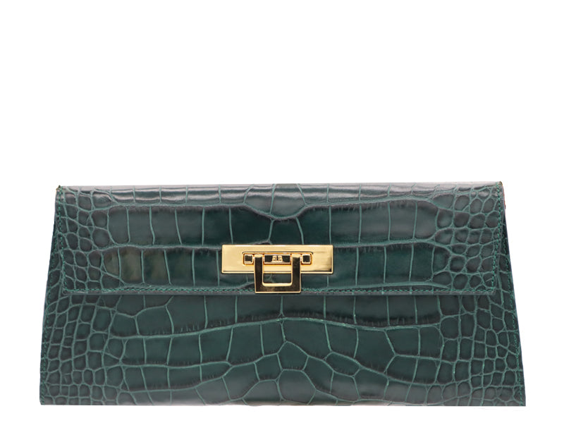Fonteyn Clutch Orinoco &#39;Croc&#39; Print Calf Leather Handbag - Dark Green