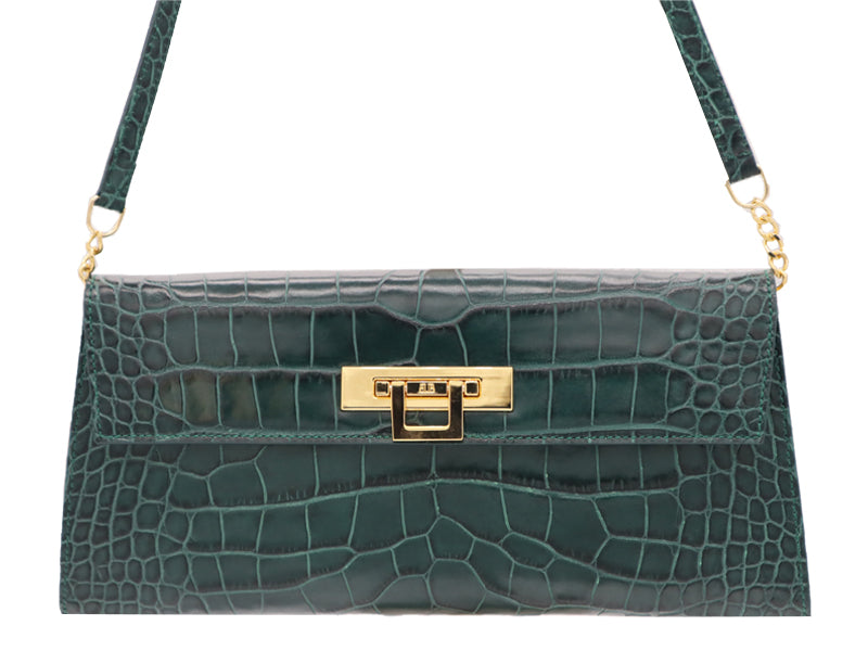 Fonteyn Clutch Orinoco &#39;Croc&#39; Print Calf Leather Handbag - Dark Green